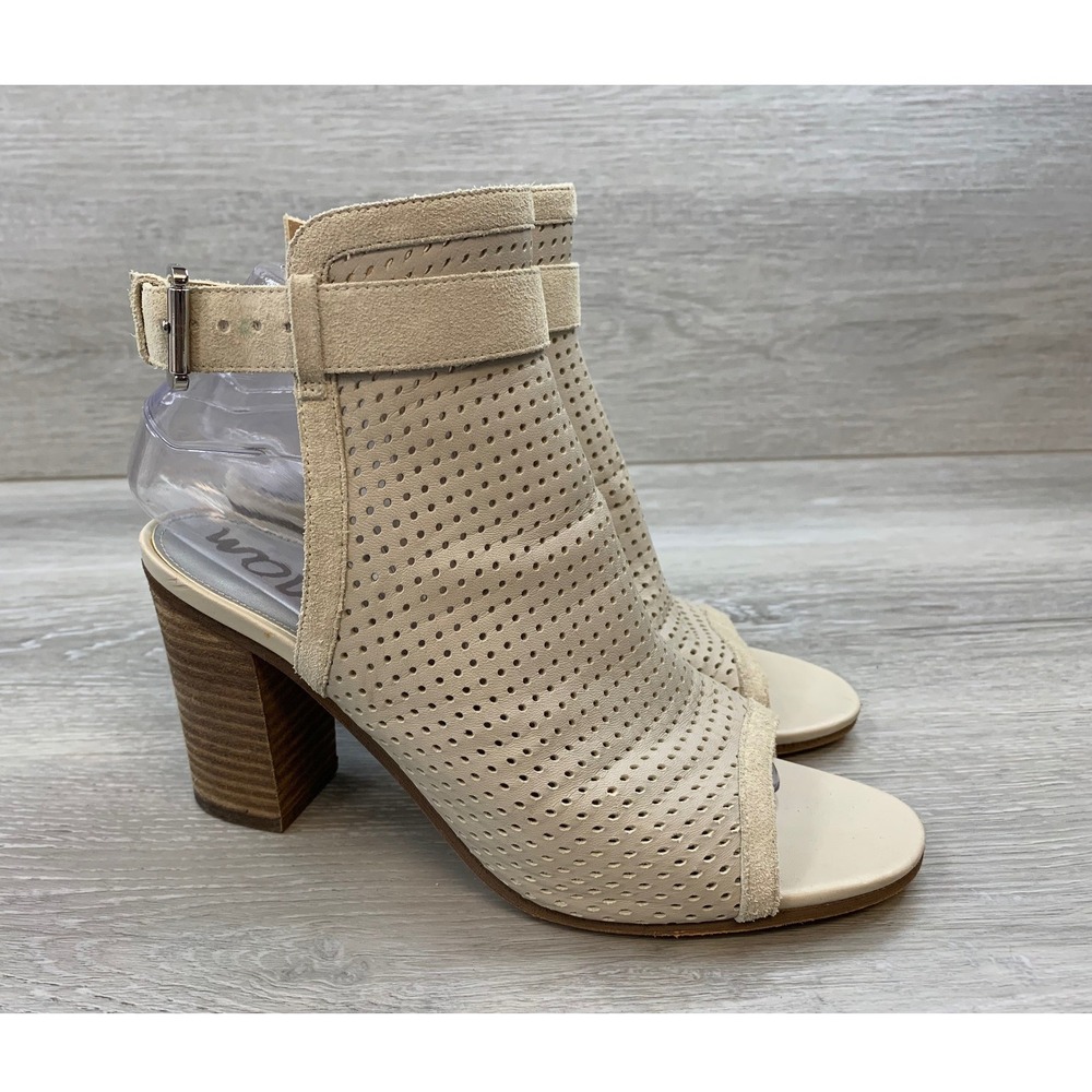 Sam Edelman Sandals Beige Perforated‎ Leather Peep Toe Block Heel Booties 8